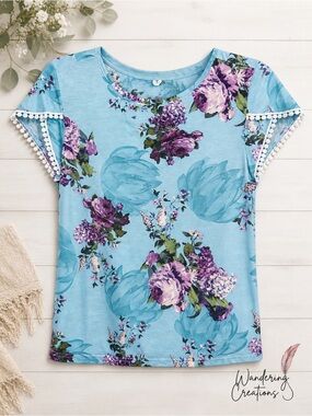 Women's Light Blue Floral Pom-Trim Tee